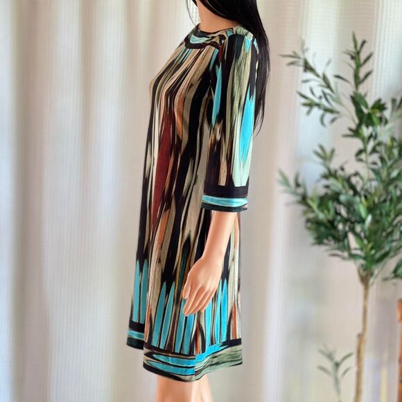 Donna Morgan Retro Print Multicolor Shift Dress Stretch Knit Mod 3/4 Sleeve Sz 4 - Picture 5 of 8